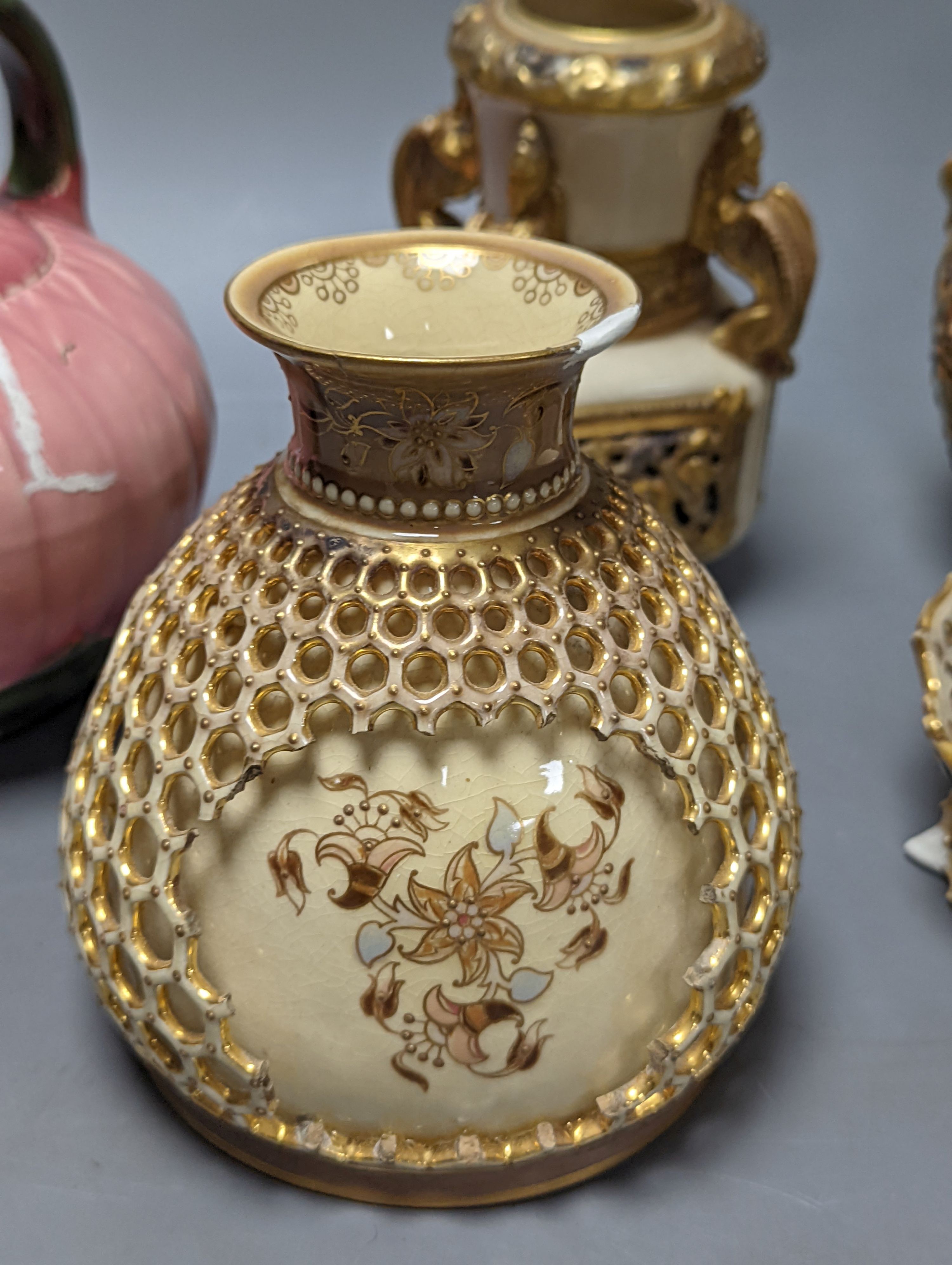 A group of Zsolnay pottery vases, dishes etc., 8 in total (a.f.)